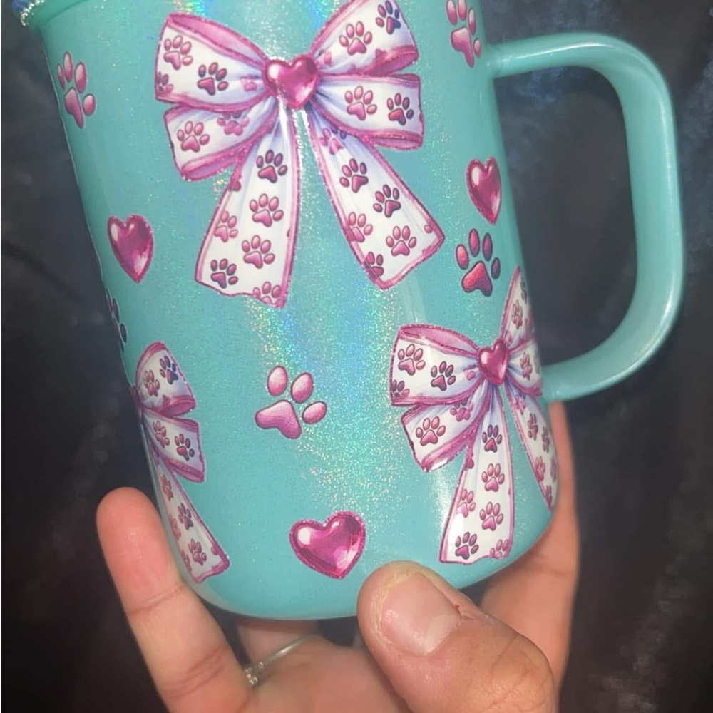 Teal Mug with Pink Bow and Heart Design